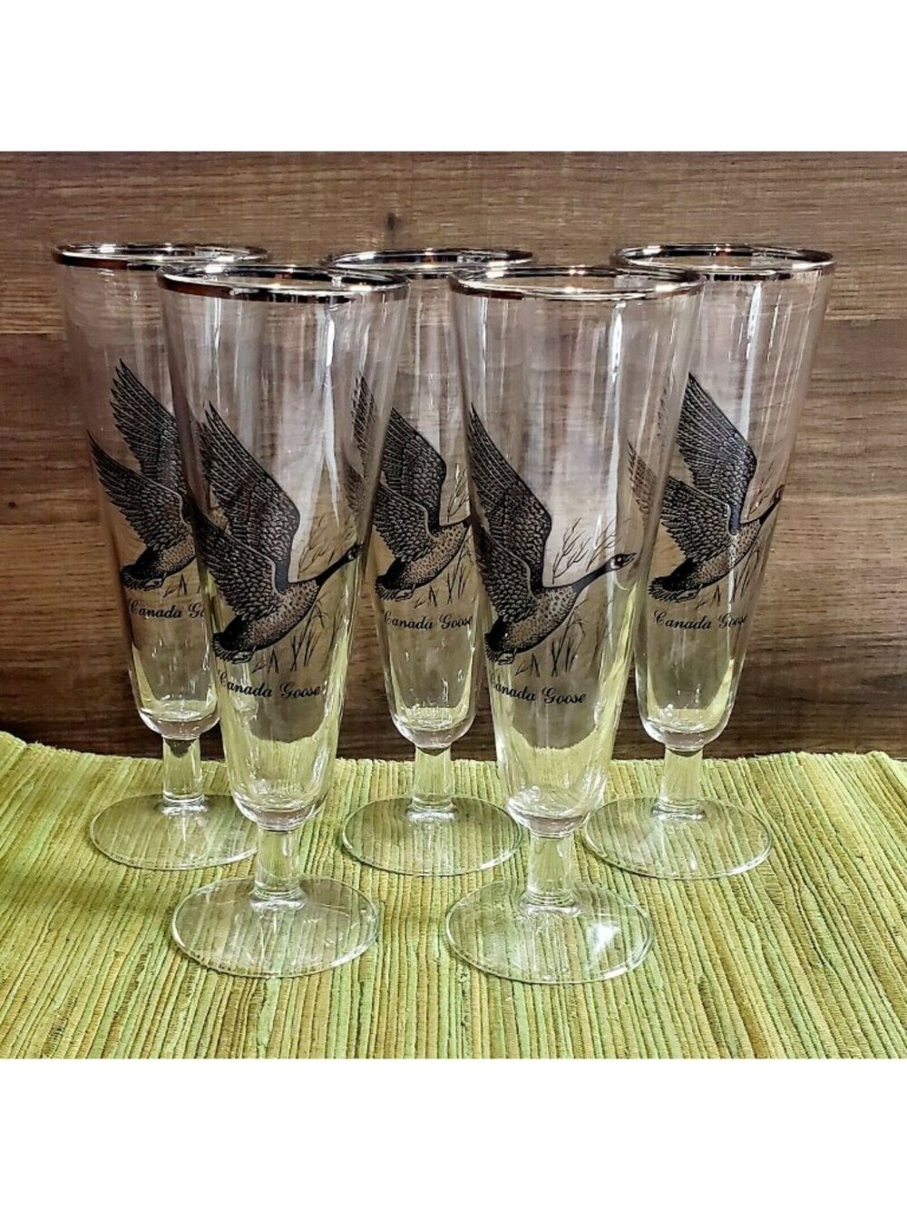 5 Federal Glass Canada Goose Pilsner Glasses 8.2" Silver Rim vintage cocktail